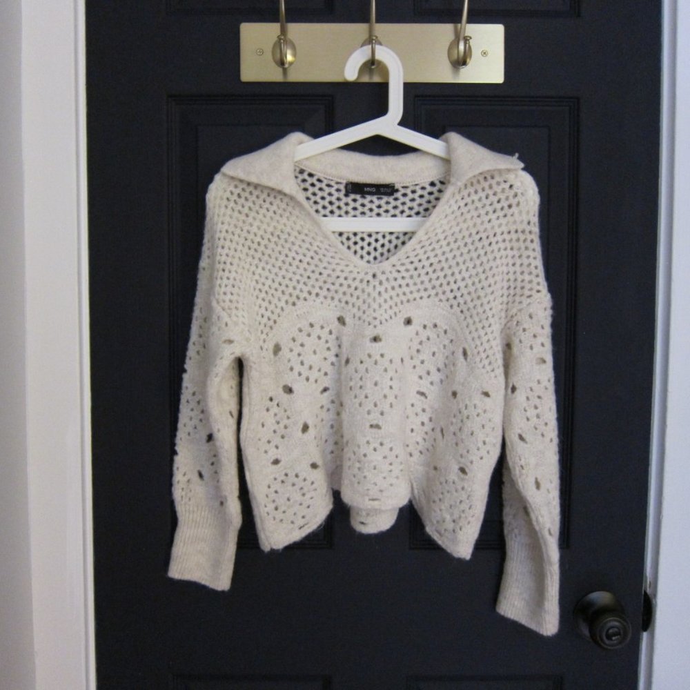 Mango White Openwork knit sweater New XS